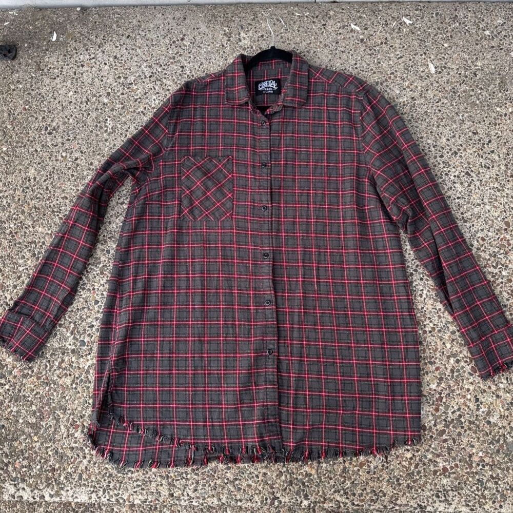 ONE24 Rags XL Unisex Long Sleeves Gray Red 100% Cotton Fringed Oversized Grandpa